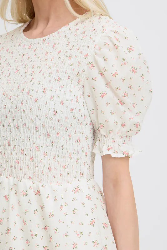B.YOUNG - Idida Smock Dress White Pink Roses